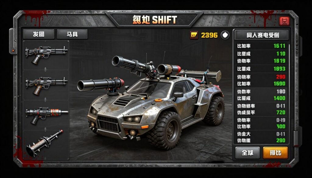 Ekran modyfikacji pojazdu w Carmageddon: Rogue Shift pokazujący opcje uzbrojenia