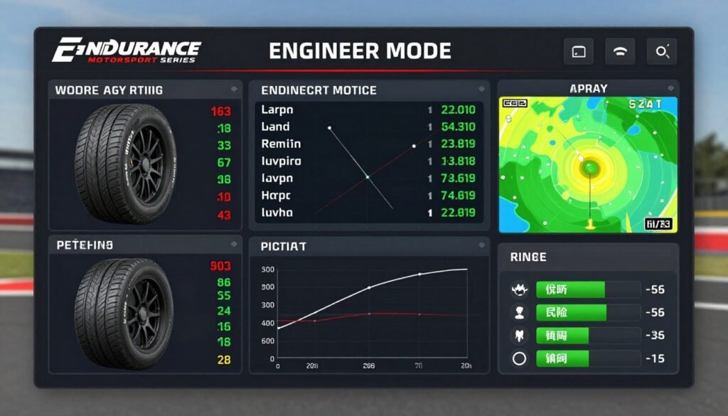 Interfejs trybu inżyniera w Endurance Motorsport Series pokazujący dane telemetryczne i strategię wyścigu