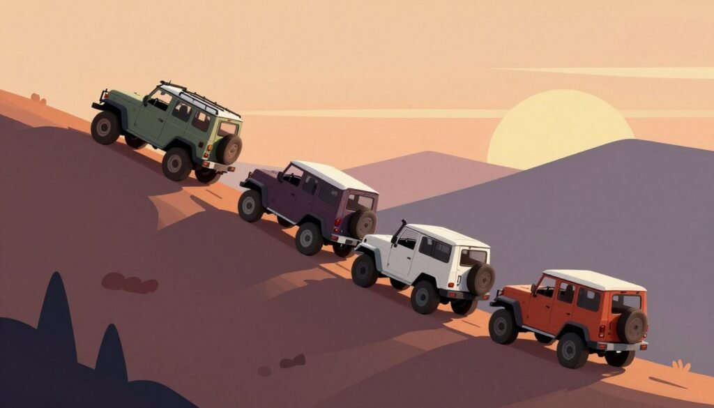 Widok z trybu kooperacji w over the hill pokazujący konwój pojazdów terenowych