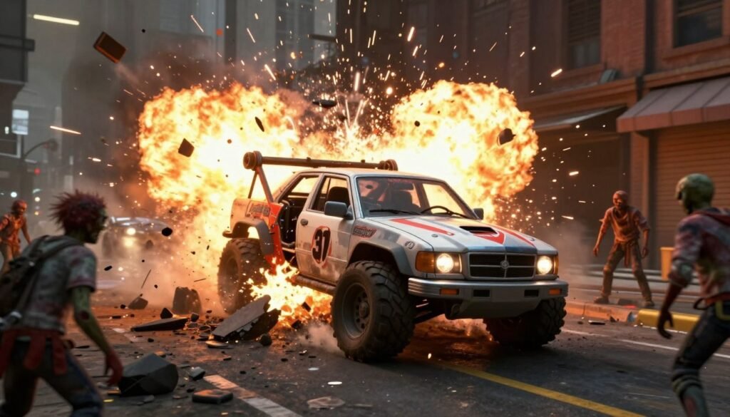 Zrzut ekranu z gry Carmageddon: Rogue Shift pokazujący destrukcyjny wyścig z efektami zniszczeń