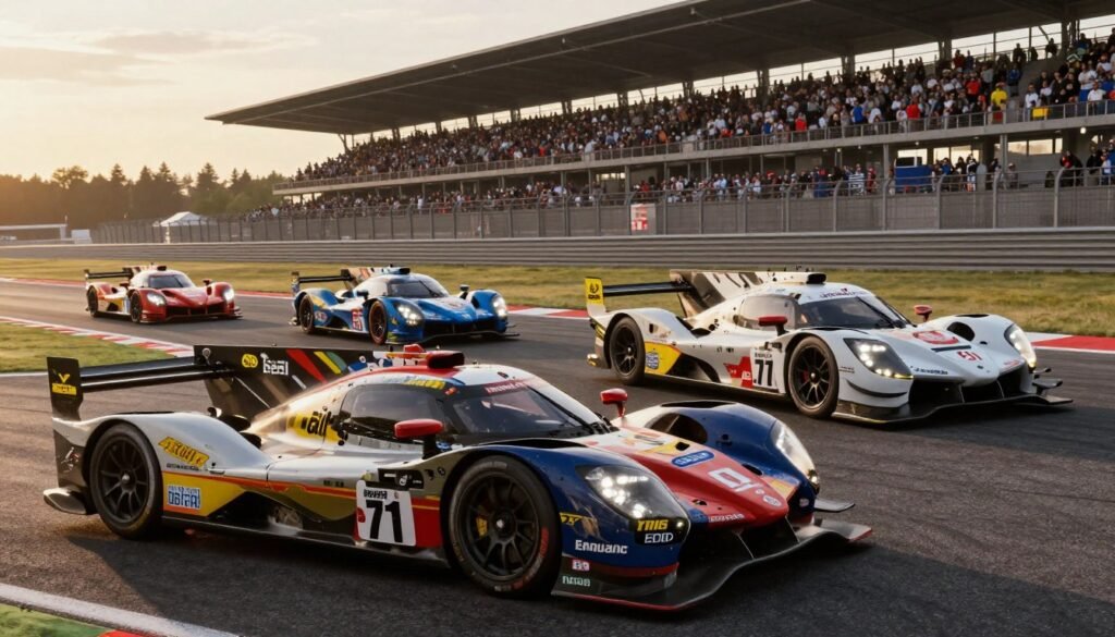 Zrzut ekranu z gry Endurance Motorsport Series pokazujący wyścig samochodów klasy Hypercar na torze Le Mans