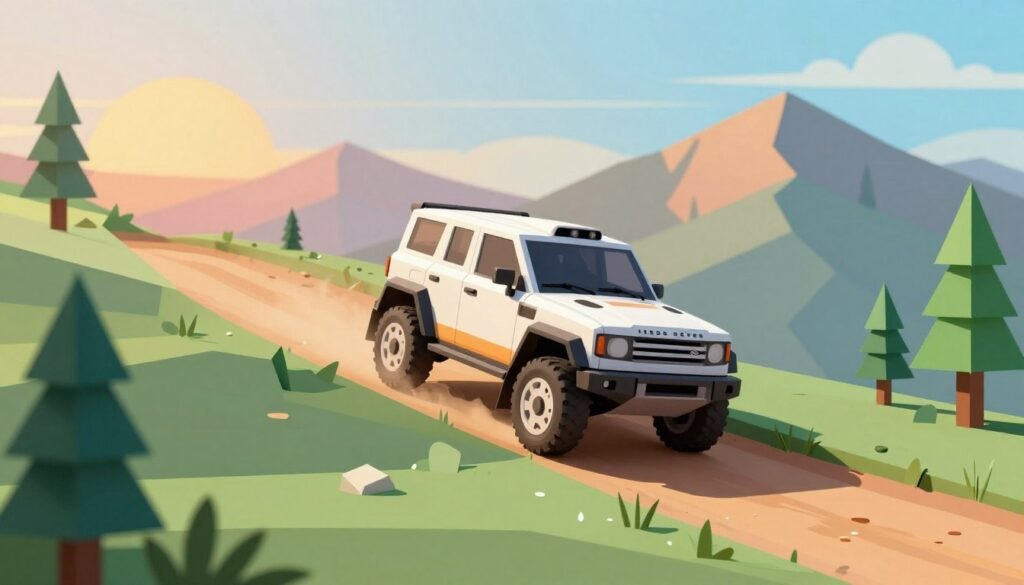 Zrzut ekranu z gry over the hill pokazujący terenówkę pokonującą górski szlak w stylizowanej grafice